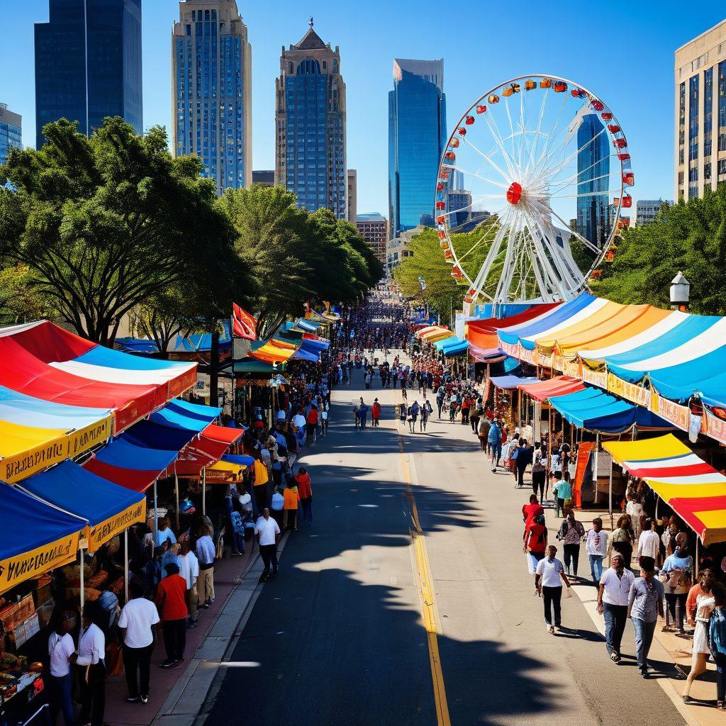 A lively street scene in Atlanta showcasing diverse cultural festivals, with vibrant banners, colorful food stalls, and people celebrating in traditional attire. Include iconic Atlanta landmarks in the background, such as the SkyView Ferris wheel and the Peachtree Plaza, to highlight the city's charm. Bright sunshine and a blue sky create a cheerful atmosphere. super-realistic. vibrant colors.