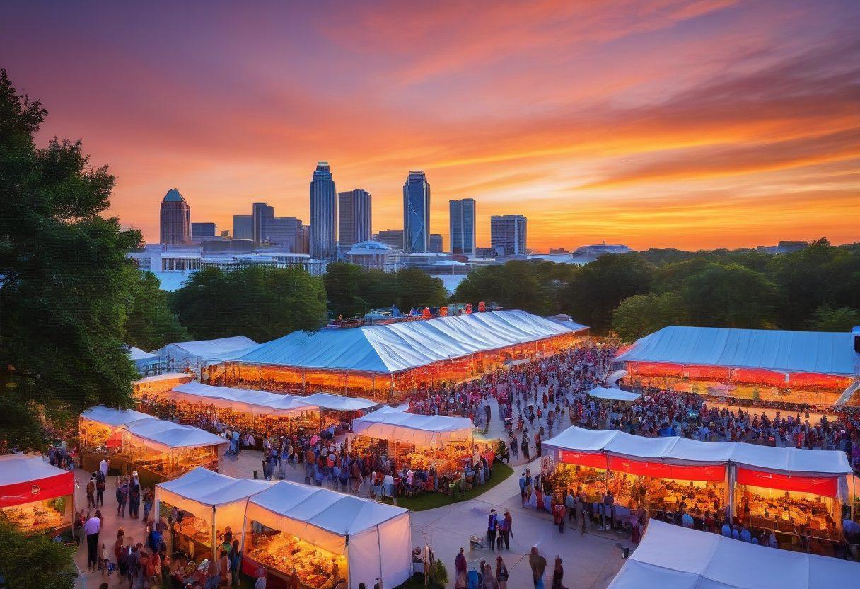 A picturesque view of Atlanta's skyline at sunset, featuring iconic landmarks like the CNN Center and the Georgia Aquarium. In the foreground, a vibrant outdoor event with colorful tents, local vendors, and cheerful people enjoying Southern food and music. Lush peach trees subtly framed on the sides, symbolizing the Peach State. Soft glowing lights add a magical touch to the scene. super-realistic. vibrant colors. evening atmosphere.
